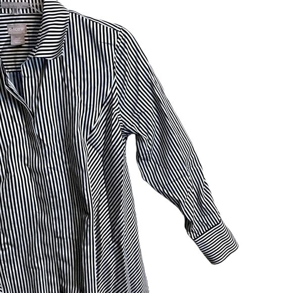 Chico's Top Size 00/2P Gray White Striped Tunic Long Sleeves Button Up Pockets - Picture 6 of 11